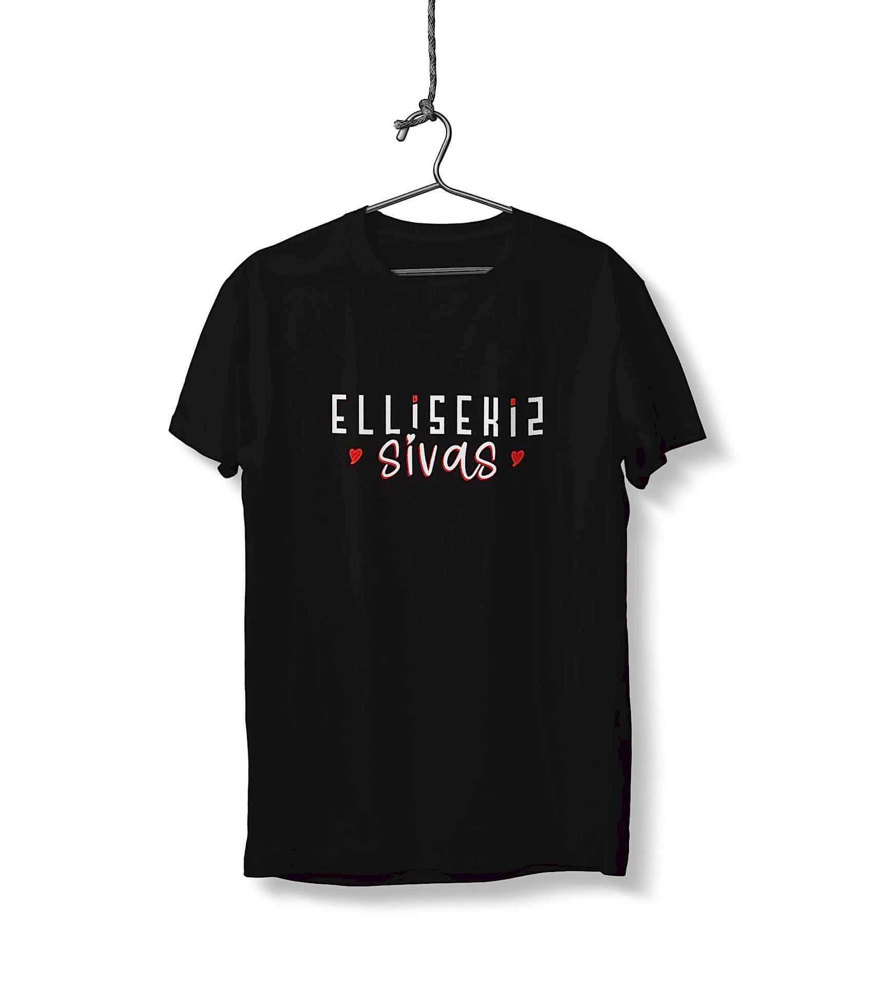 Ellisekiz Sivas Yazılı Sivas Temalı Unisex Siyah Sıfır Yaka Tişört