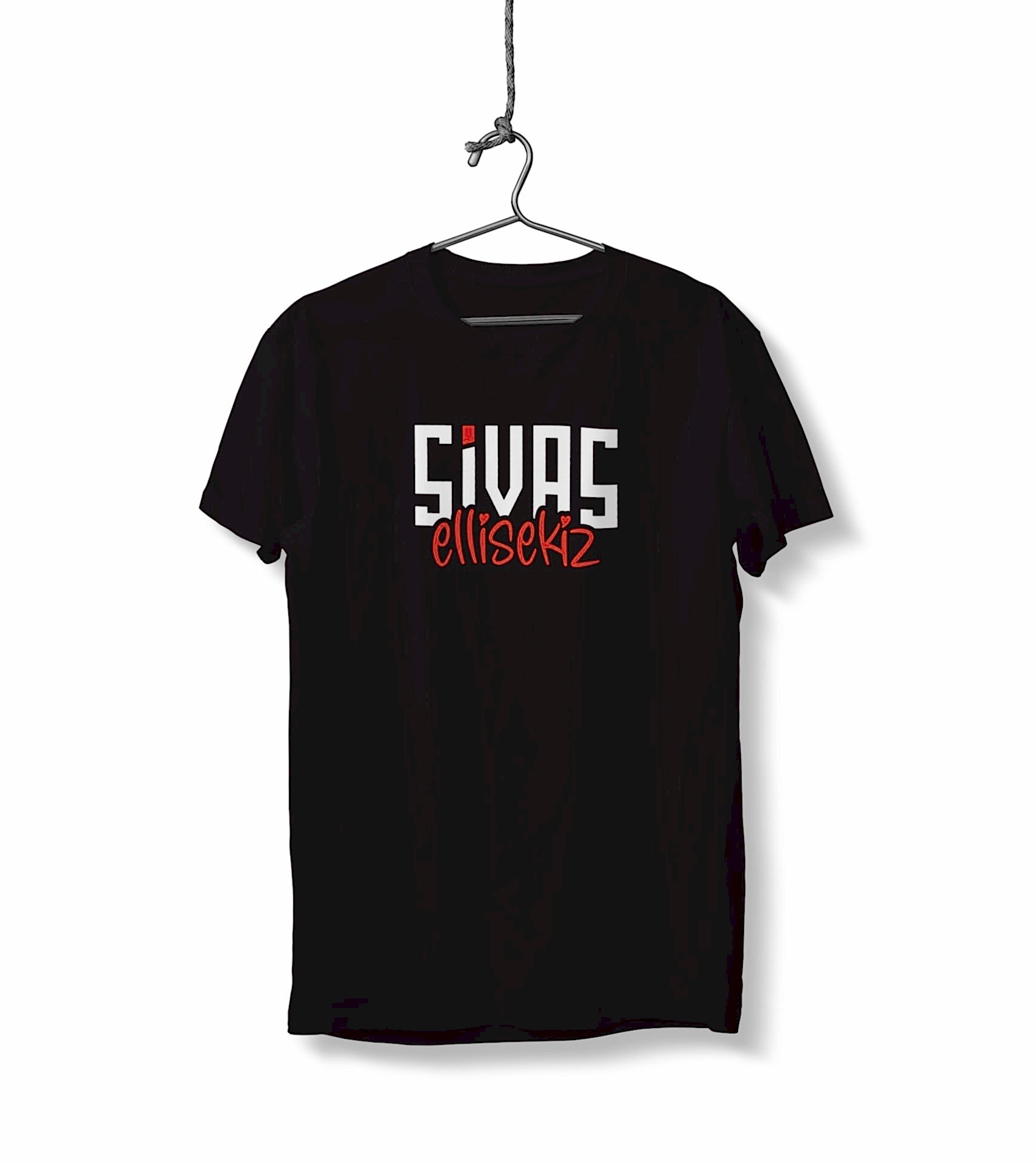 Sivas Ellisekiz Yazılı Sivas Temalı Unisex Siyah Sıfır Yaka Tişört