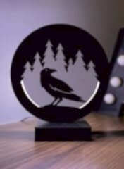 Karga Crow Figürü Siluet Manzara Led Masa Lambası Ahşap